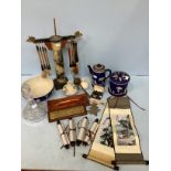 Mixed collectables including a Chinese paintbrush hanger with eight various brushes, a Bermuda cedar