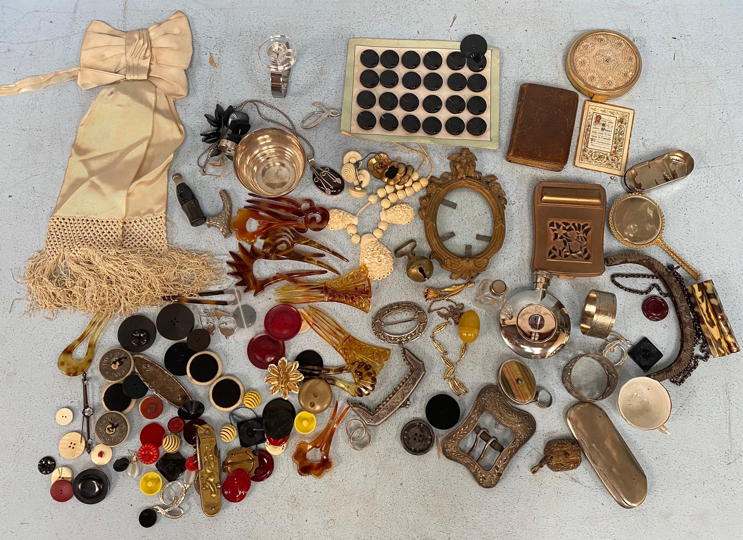 Various French items including a pair of Pince-nez with gold coloured mount, white metal christening