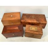 A 19th century sarcophagus shaped tea caddy raised on bun feet, together with a burr walnut