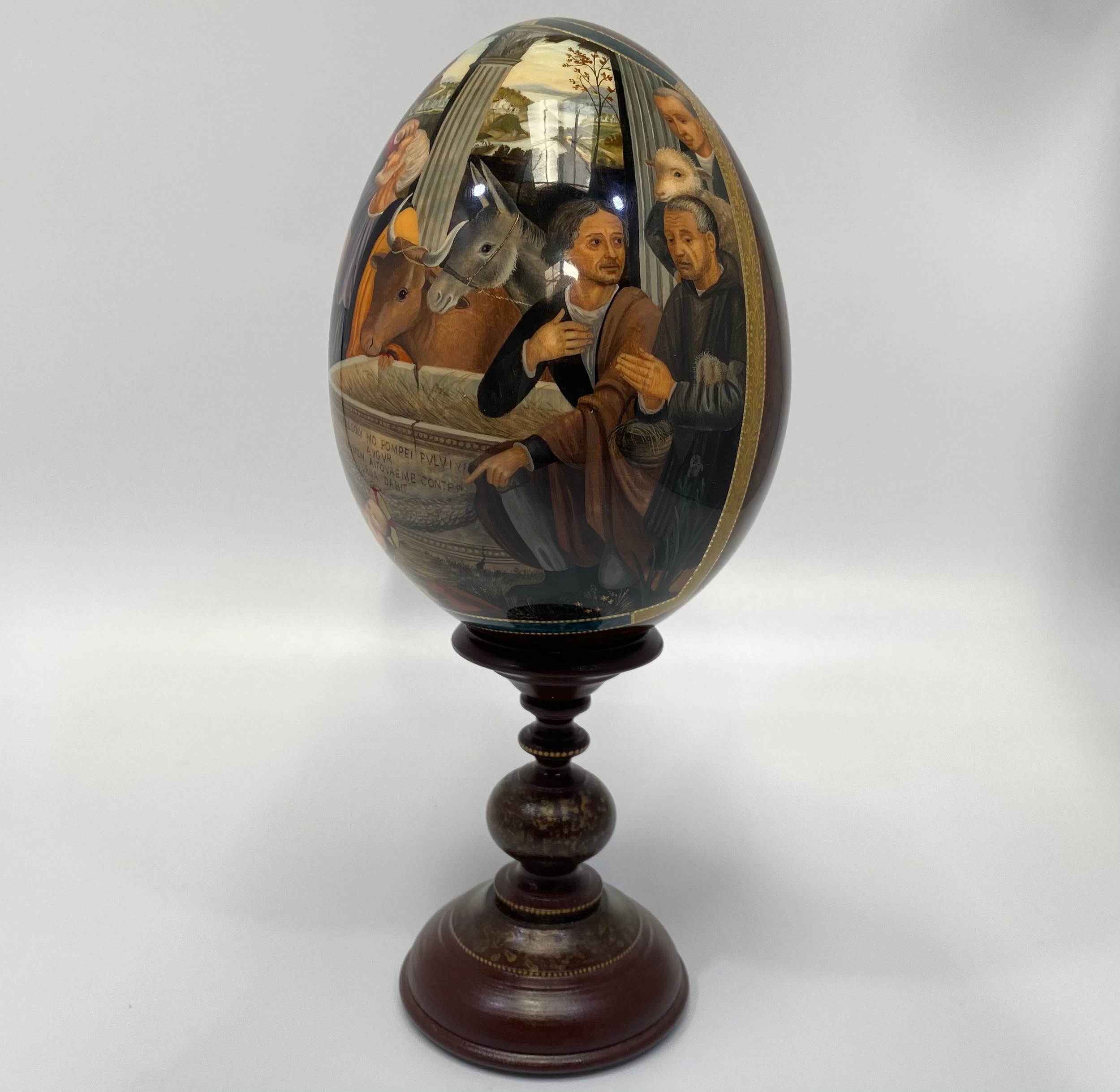 A St Petersburg hand-painted and laquered papier-mache egg depicting the Adoration of the Magi, - Image 3 of 5