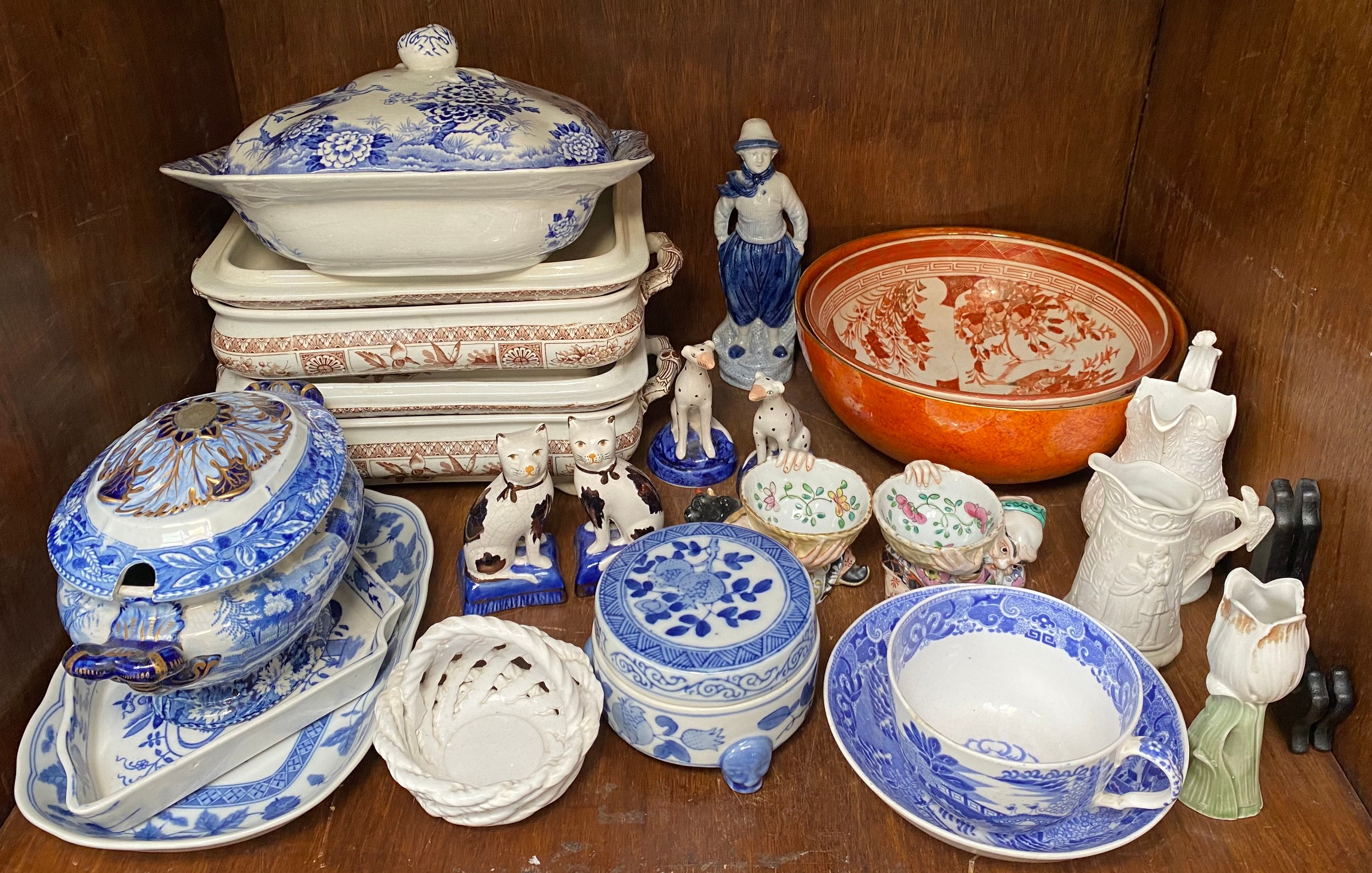 Three shelves of mixed ceramics including a Chinese famille rose bowl with Jiaqing mark to base, - Image 2 of 4