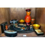 Four various Russian black lacquered trays, nine trinket boxes and three brooches, together with