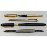 A Parker 65 fountain pen with 14ct gold plated cap and barrel and 14ct gold nib, together with a