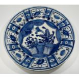 A Chinese porcelain 'Kraak ware' dish, painted in underglaze blue and typically radially