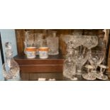 A collection of assorted cut crystal, possibly Webb, including wine glasses, decanters, tankards,