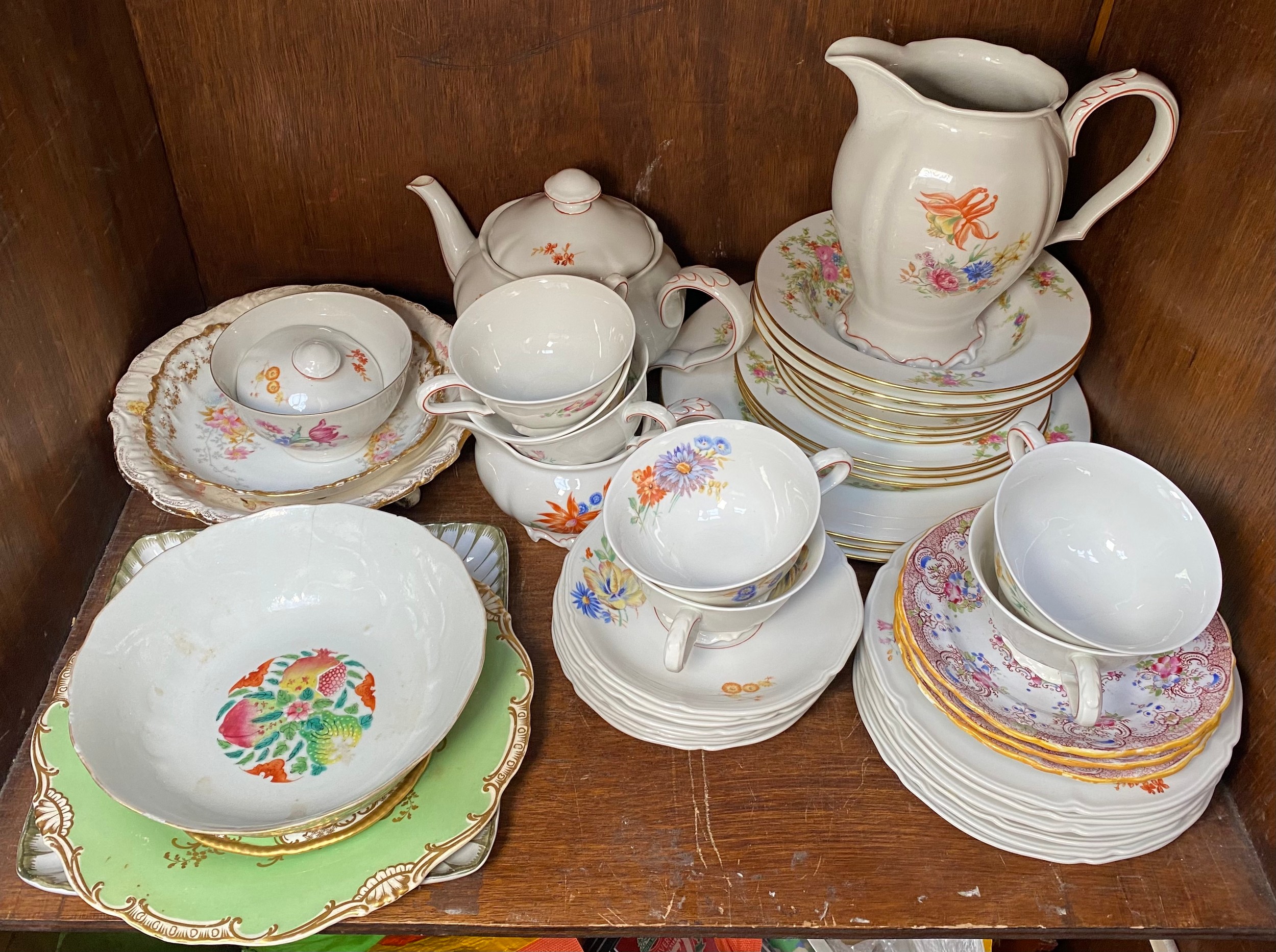 Three shelves of mixed ceramics including a Chinese famille rose bowl with Jiaqing mark to base, - Image 3 of 4