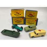 Four Lesney Matchbox series diecast model vehicles, examples include No. 59 Ford Thames Singer