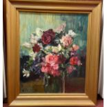 E. Davies, still life study of flowers in a vase, signed, impasto oil on canvas, in gilt frame. 60 x
