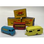 Three Lesney Matchbox series diecast model vehicles, examples include No. 34 Volkswagen Matchbox