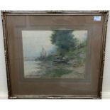 Oswald Garside (1879-1942) Shoreline study with a figure and boats, signed, watercolour, mounted,