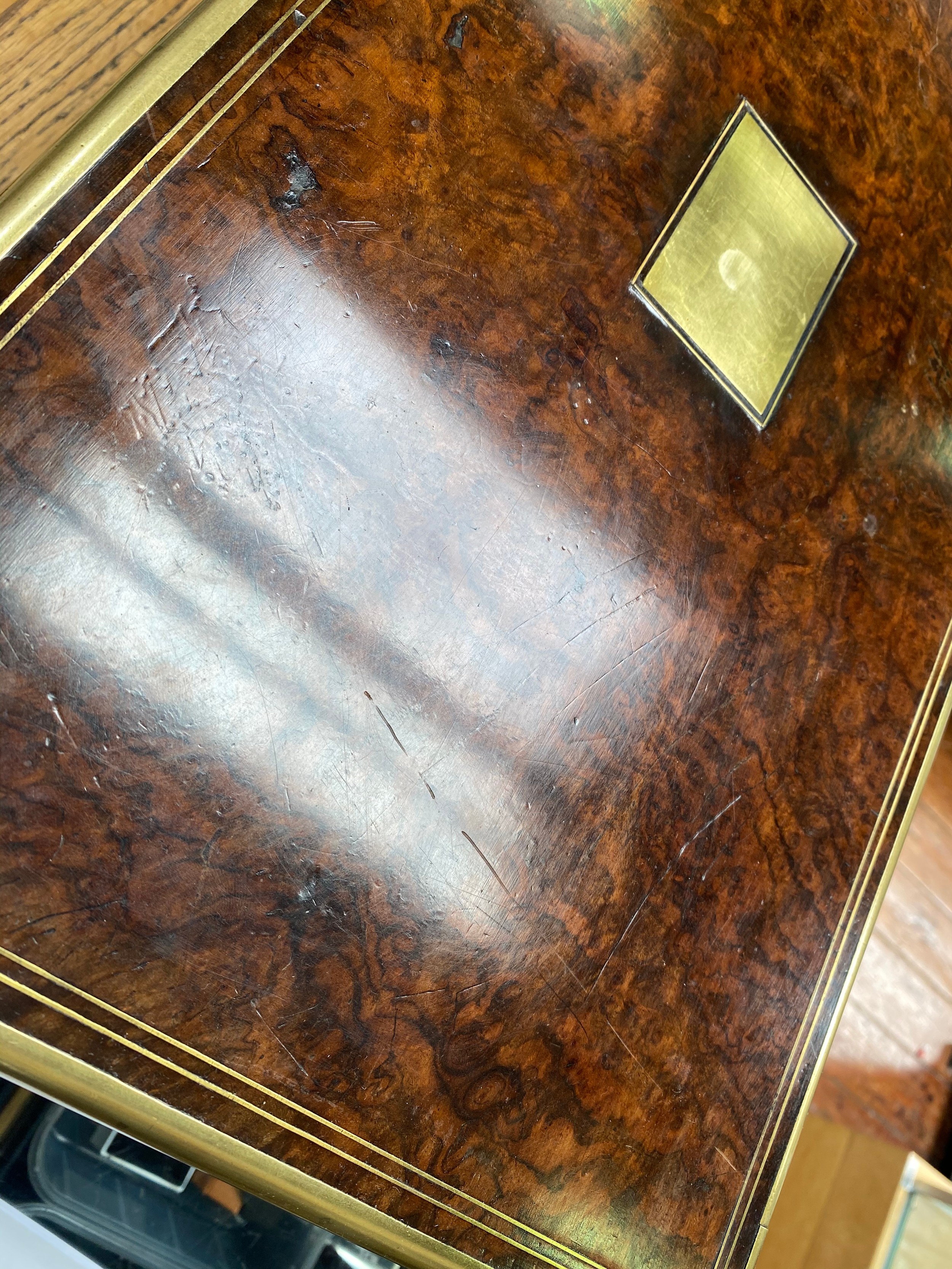 A large Victorian burr walnut writing slope, with brass bound edges and twin flush handles, side - Image 5 of 10
