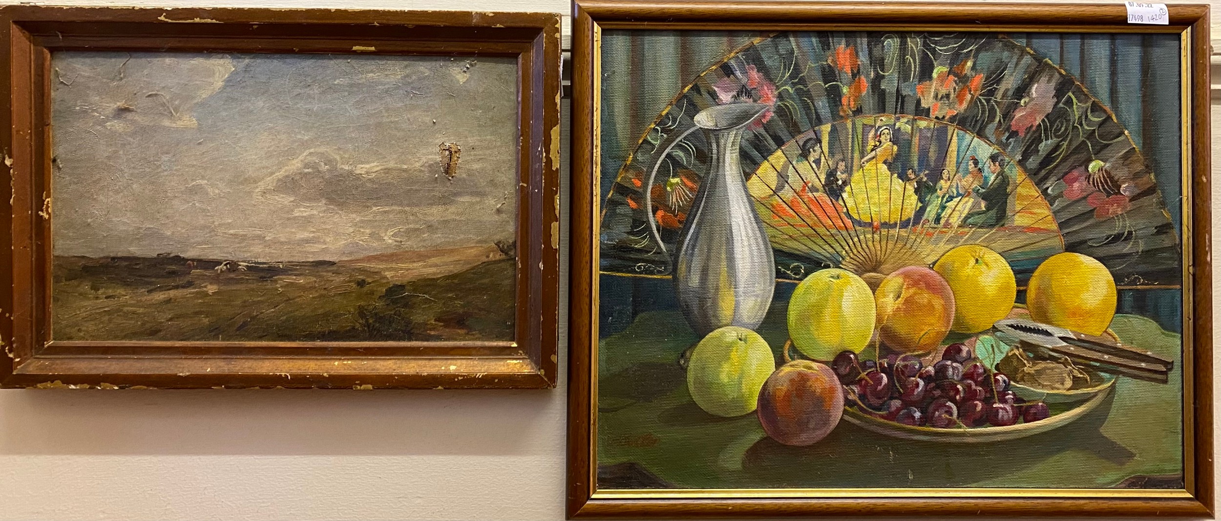 G. Butler. 20th C, Still life study of fruit with Spanish figural-painted fan, signed 'G. Butler'