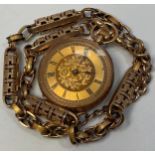 A small 9ct gold cased fob watch, the gilt floral dial with Roman numerals denoting hours and