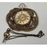 A continental fine silver pocket watch with silvered dial, gold coloured Roman numerals, case marked