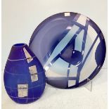 Linda Charles (Contemporary) a very large glass display plate with blue geometric design, together
