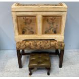 A small chesterfield style green leather and studded foot stool, together with a floral