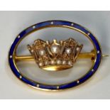 A 9ct gold Naval brooch, with central crown set with seed pearls, within an open oval blue enamel