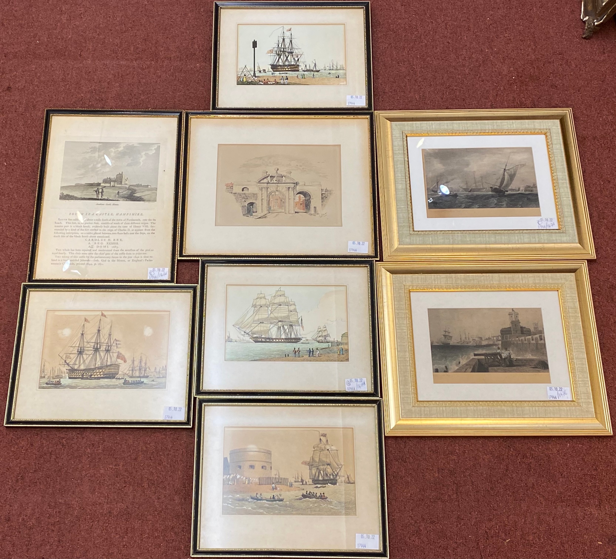 Eight various framed maritime coloured engravings including Portsmouth Harbour 1837 and Saluting