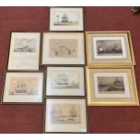 Eight various framed maritime coloured engravings including Portsmouth Harbour 1837 and Saluting