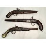 Three various 19th century percussion pistols, each converted from flintlocks, two inlaid with