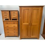 A large solid oak two door wardrobe with chrome handles, 196 x 126cm wide, together with a