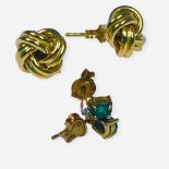 A pair of 18ct yellow gold knot earrings, and a pair of 18ct yellow gold emerald and diamond