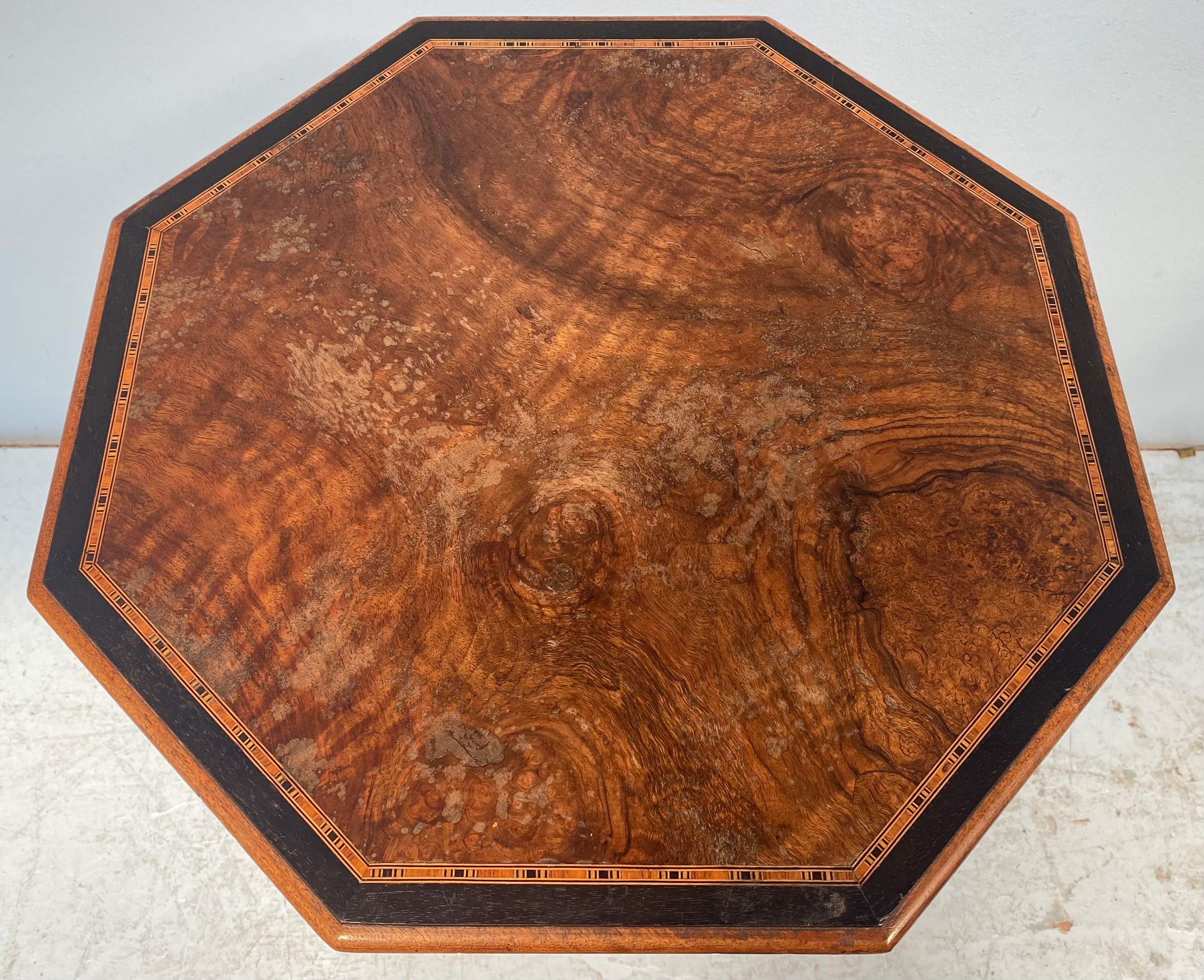An Edwardian pollard oak veneered octagonal occasional table with central inlaid satinwood, - Image 3 of 7