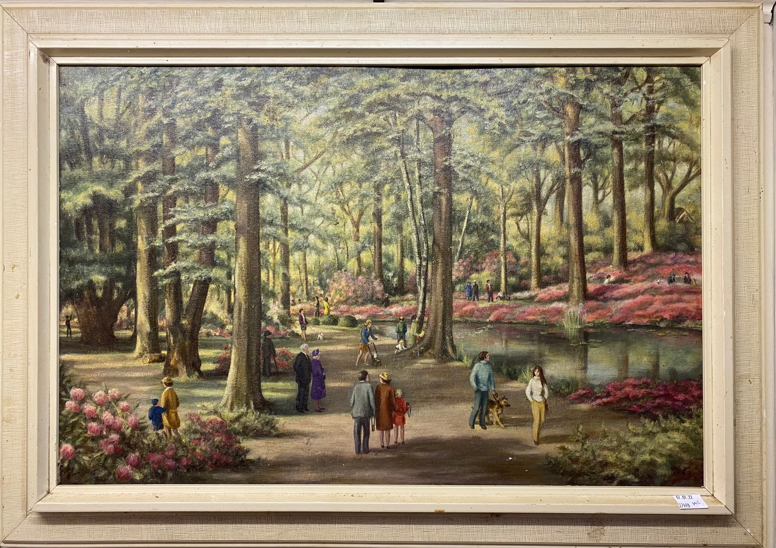 Doris Griggs. 'Isabella Plantation,' numerous figures in a wooden river landscape, signed 'DG,'