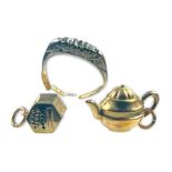 Two 9ct gold charms, one designed as a teapot, the other an accordion, together with an 18ct gold