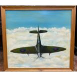 P. Cudbill /D. Cudbill. RAF Spitfire above the clouds, signed, oil on board, 62x68cm