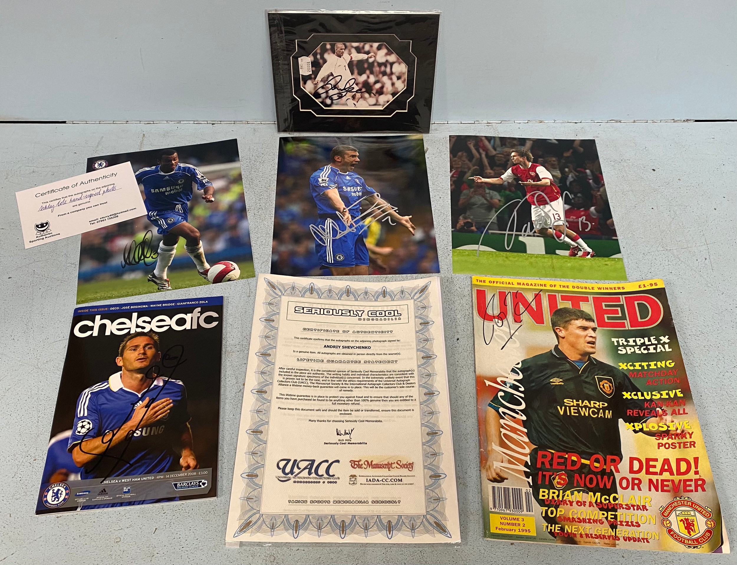 Football memorabilia including a signed pictures of David Beckham, Andriy Shevchenko with