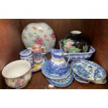 A quantity of blue and white porcelain wares including plates, jar and cover, Copeland Spode jug and