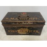 A black painted metal box with applied White Star Line emblem and ‘R.M.S. Olympic’ to the cover