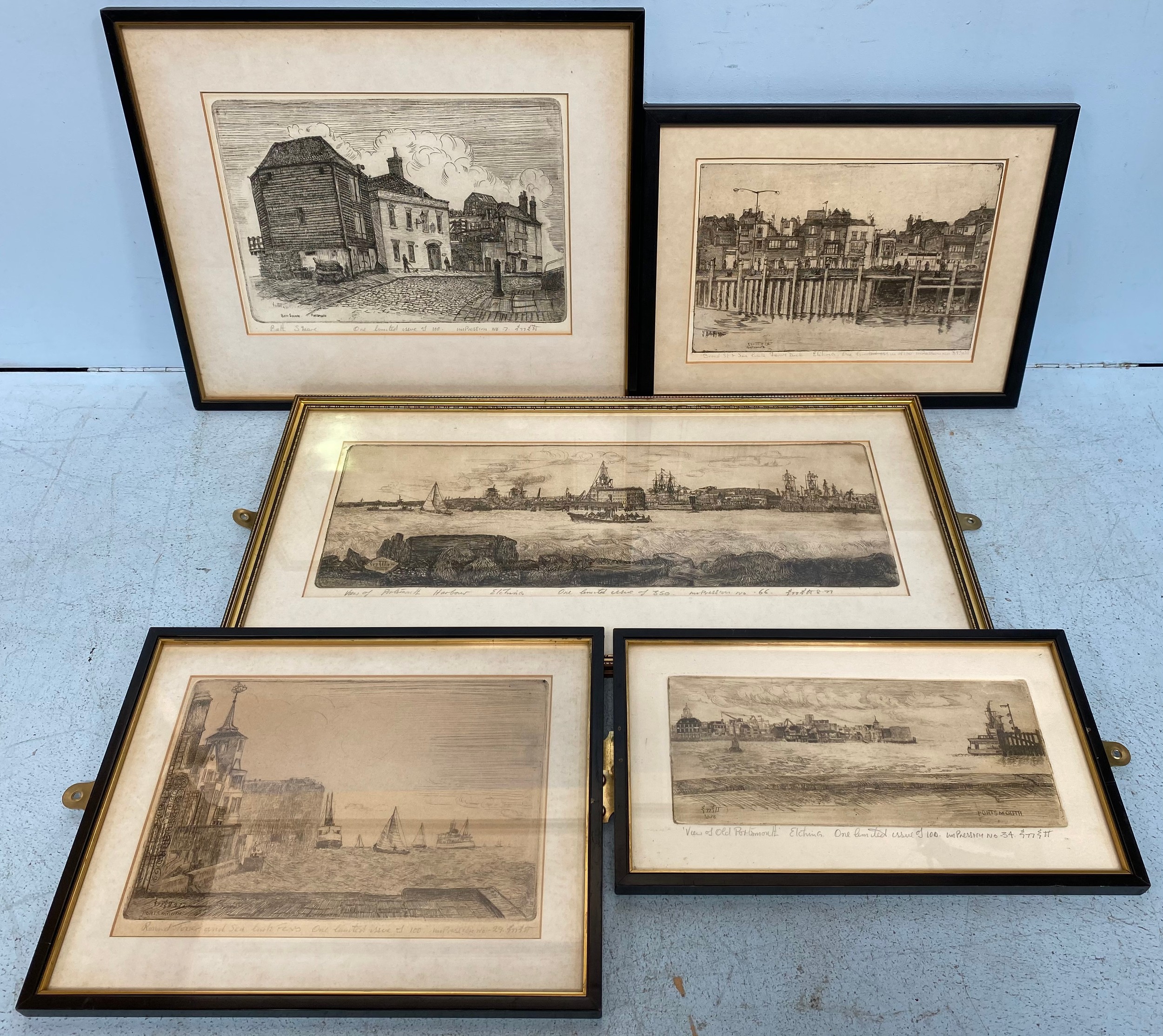 John Eggett (20th century) Five assorted monochrome etchings of Portsmouth including ‘View of