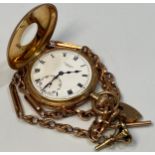 A 9ct gold cased half-hunter pocket watch by J. W. Benson, the white enamel dial with Roman numerals