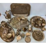 A large quantity of silver-plated items including trays, teapots, toast rack, trivet and flatware