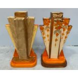 Two various Myott Son & Co hand painted pyramid vases, one painted with orange flowers to cream,