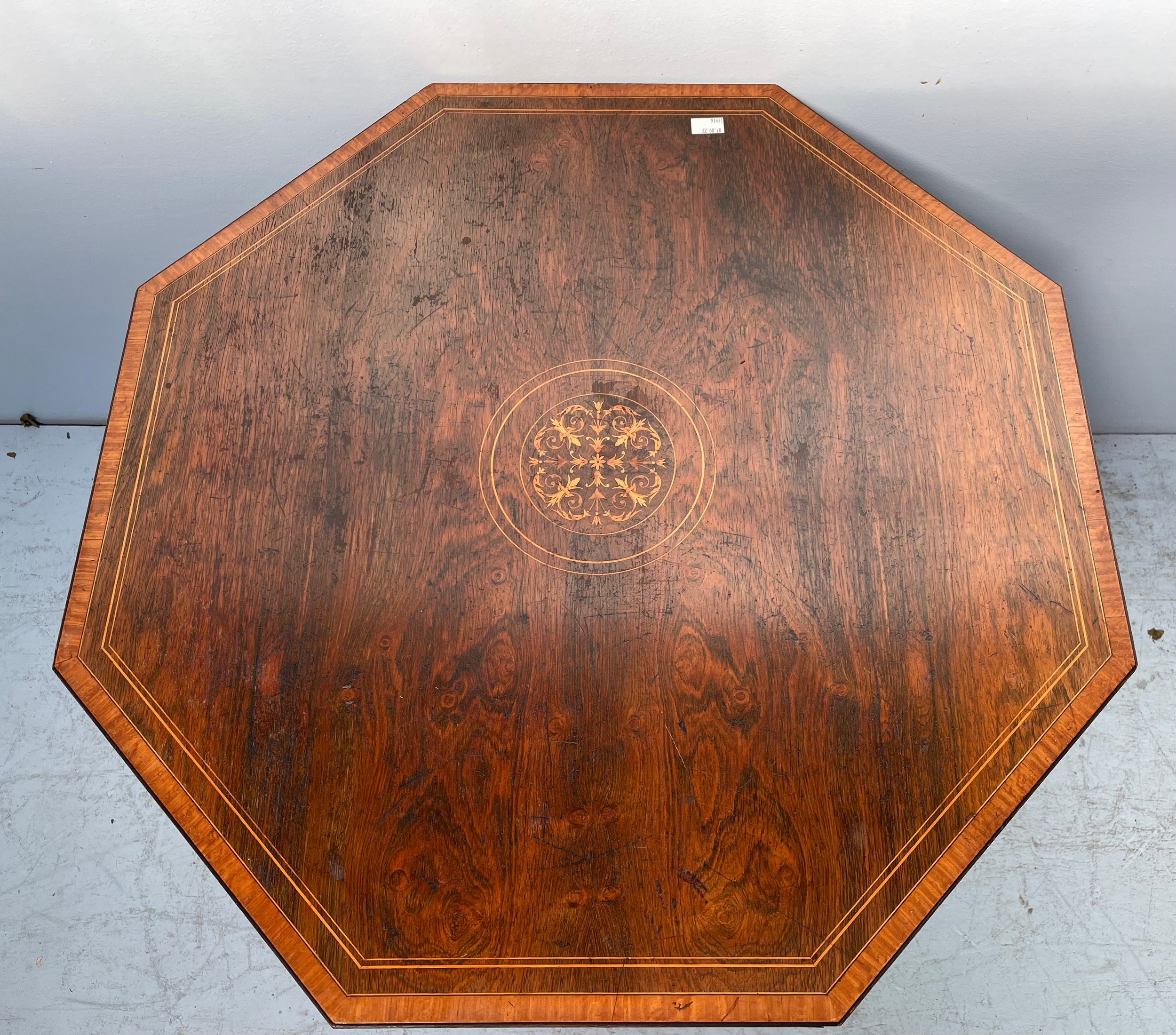 An Edwardian pollard oak veneered octagonal occasional table with central inlaid satinwood, - Image 2 of 7
