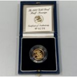 A QEII 1998 Royal Mint, 22ct gold half-Sovereign, with certificate of authenticity, in fitted box