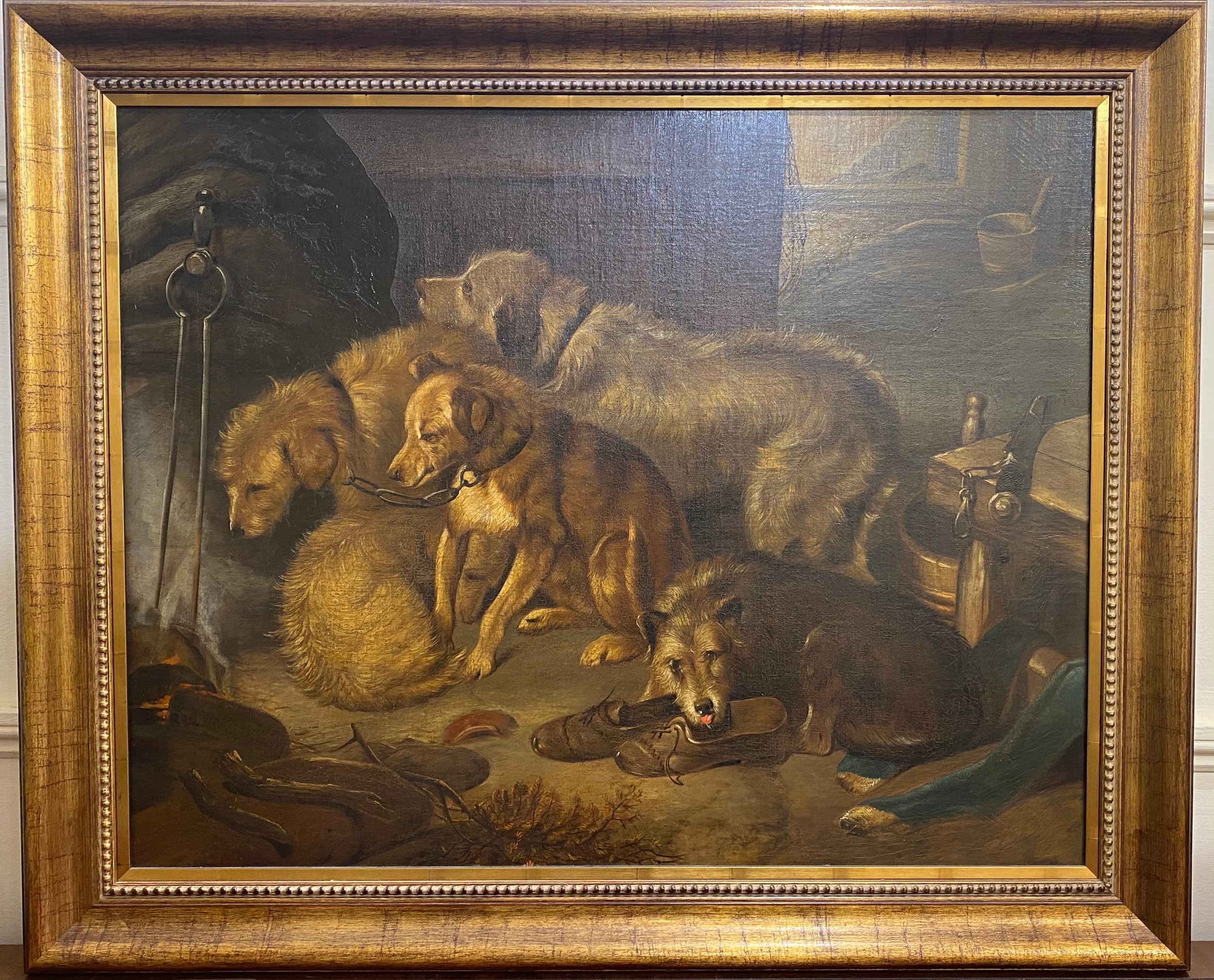 After Edwin Landseer, ‘A Fireside Party’ late 19th/early 20th century painting of five various