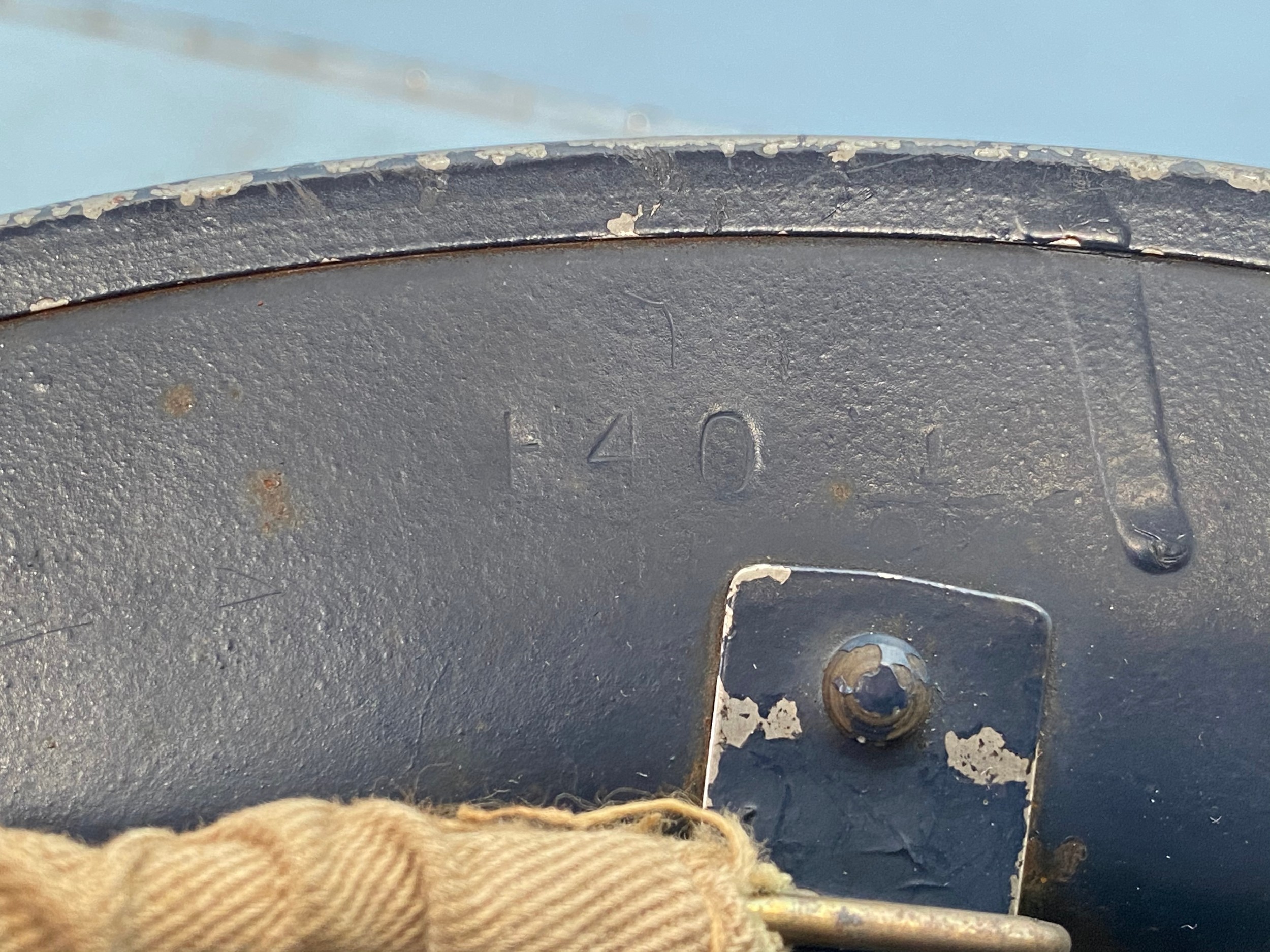 A WW2 Policeman's steel helmet with stencilled letters, with inner leather brace and straps - Image 3 of 3