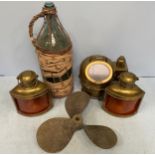 A binnacle compass with brass dome cover, together with a pair of brass ships lamps, a boat