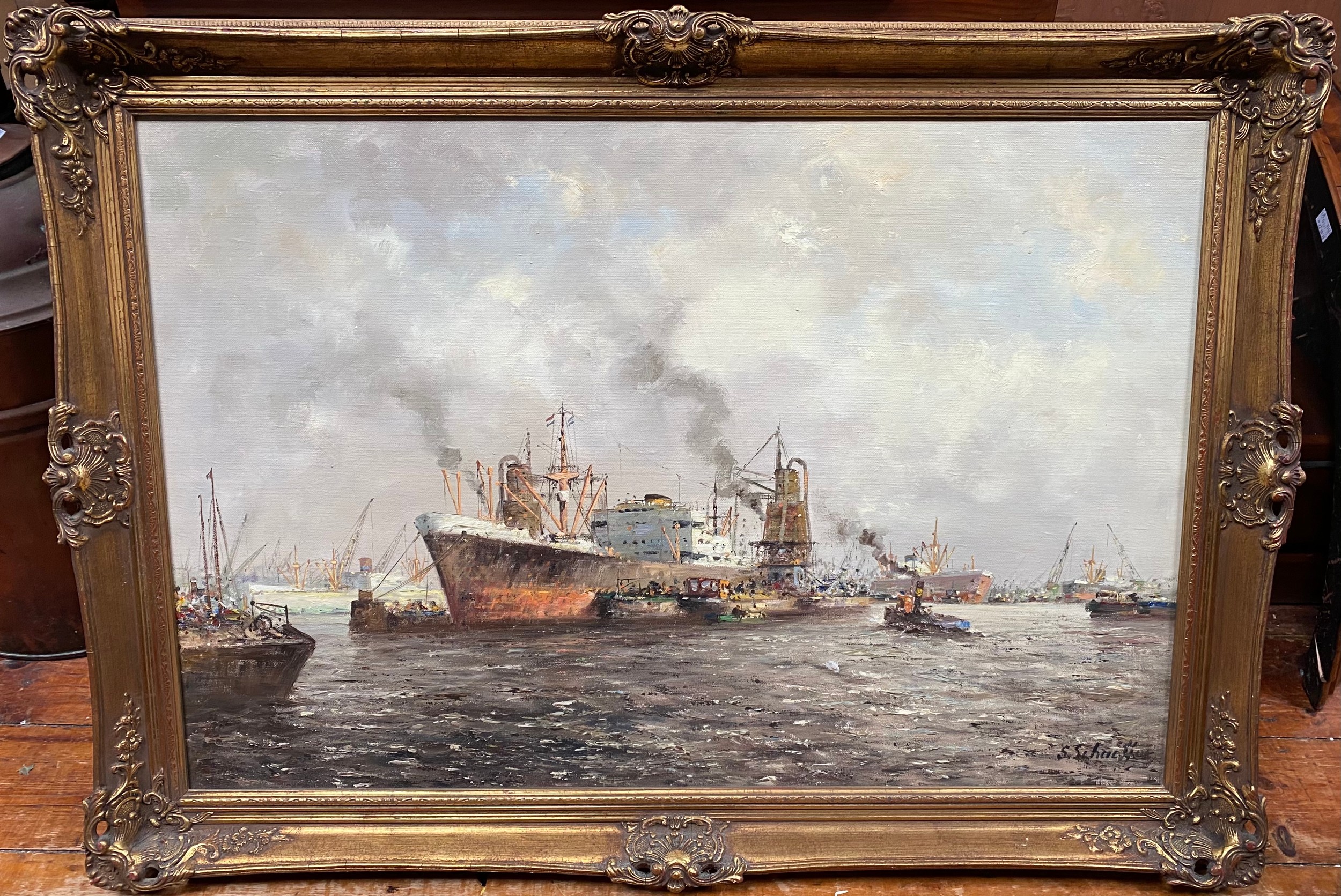 Siem Schaeffer (1924-2005) Dutch harbour scene with cranes unloading ships and barges, signed, oil