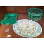 Fourteen 19th century green majolica leaf-moulded plates etc (Section 53)
