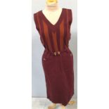 A vintage 1960s Mary Quant’s Ginger sleeveless dress with maroon and dark orange striped body,