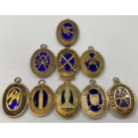 Nine various silver gilt Masonic collar jewels with blue enamelling including East Lancashire x 2,