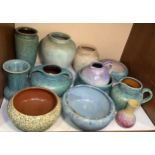 Various Langley pottery 'Oaks period' decorated with blue and green mottled glazes