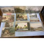A collection of 15 assorted unframed watercolours and prints, predominantly country landscape