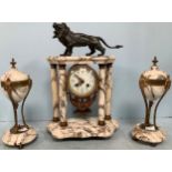 A turn of the 20th century, French white marble and ormolu triple clock garniture, the white