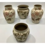 A pair of Calvert & Lovatt period Langley Ware sgraffito blossom' vases, c1883-1991, painted with
